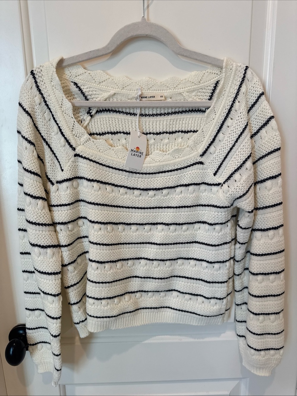 Marine Layer Women’s XS Open Knit Striped Square Neck Sweater Ivory Navy NWT